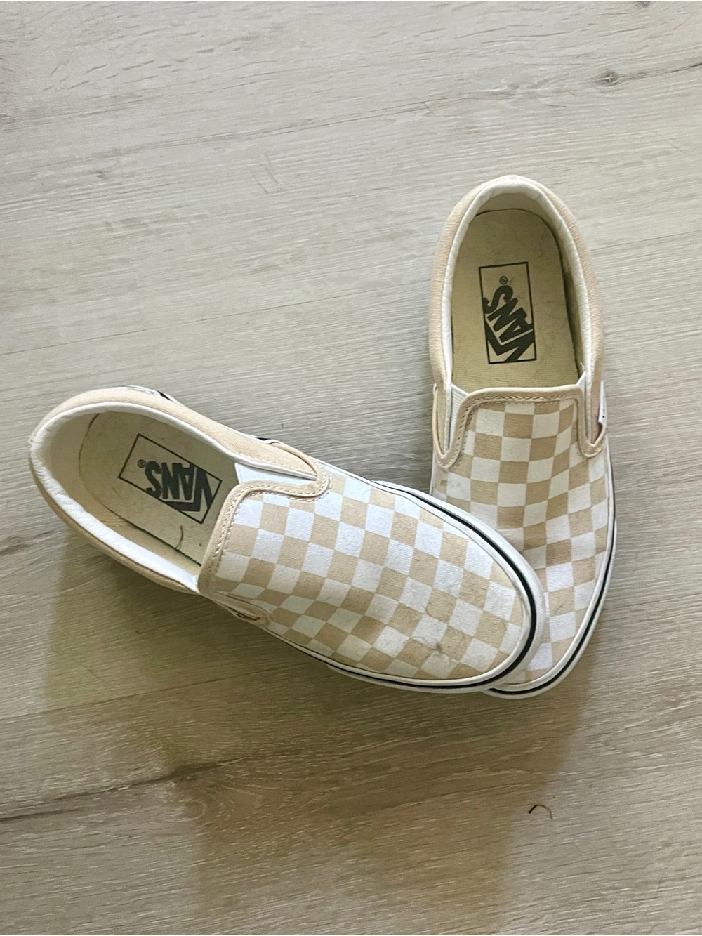 Vans Beige & White Checkerboard Slip-On Sneakers